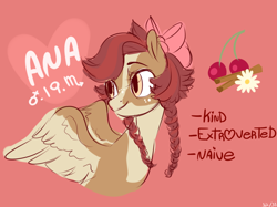 Size: 1000x746 | Tagged: safe, artist:frowoppy, oc, oc:ana, species:pegasus, species:pony, braid, bust, female, mare, portrait, reference sheet, solo