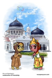Size: 1080x1593 | Tagged: safe, artist:cakonde, oc, oc:nuning, oc:salasika, species:pony, bipedal, clothing, crown, dress, eid al-fitr, hijab, indonesia, islam, jewelry, mosque, nusaponycon, regalia