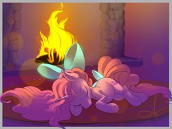 Size: 2314x1733 | Tagged: safe, artist:jaeneth, oc, oc only, oc:candy heart, species:pony, species:unicorn, bow, carpet, female, fire, fireplace, hair bow, mare, rug, sleeping, solo, tail bow