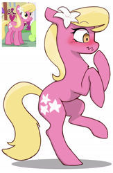 Size: 1255x1920 | Tagged: safe, artist:redruin01, character:lily, character:lily valley, species:earth pony, species:pony, bipedal, blushing, chest fluff, female, flower, flower in hair, lilybetes, mare, profile, simple background, solo, wavy mouth, white background