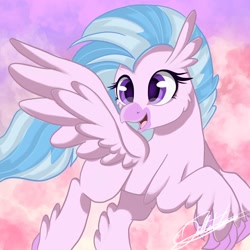 Size: 2048x2048 | Tagged: safe, artist:sweetkllrvane, character:silverstream, species:classical hippogriff, species:hippogriff, abstract background, female, open mouth, smiling, solo, spread wings, wings