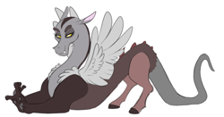 Size: 1224x639 | Tagged: safe, artist:frowoppy, oc, oc:mirage, species:draconequus, female, simple background, solo, stretching, white background