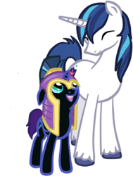 Size: 253x335 | Tagged: safe, artist:russiankolz, character:shining armor, oc, oc:nyx, cute, diabetes, eyes closed, happy, looking down, looking up, nyxabetes, open mouth, simple background, smiling, standing