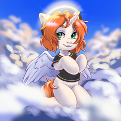 Size: 2000x2000 | Tagged: safe, artist:hollybright, oc, oc only, oc:etoz, species:pony, species:unicorn, angel, clothing, cloud, commission, cute, fake wings, fangs, female, halo, mare, open mouth, shirt, sky, smiling, solo, t-shirt, wings, ych result