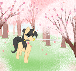 Size: 962x900 | Tagged: safe, artist:larkdraws, oc, oc only, oc:blossomfall, askblossomfall, cherry blossoms, choker, flower, katana, mouth hold, solo, sword, tree, weapon
