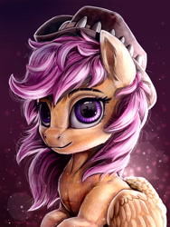 Size: 3000x4000 | Tagged: safe, artist:rysunkowasucharia, character:scootaloo, species:pegasus, species:pony, episode:the last crusade, g4, my little pony: friendship is magic, alternate hairstyle, bokeh, bust, chest fluff, clothing, detailed, ear fluff, female, filly, hat, looking at you, portrait, solo