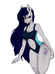 Size: 1024x1366 | Tagged: safe, artist:zsnowfilez, oc, oc:belladonna nightshade, species:anthro, species:earth pony, species:pony, belly button, breasts, cleavage, clothing, female, mare, navel cutout, one-piece swimsuit, simple background, solo, swimsuit, transparent background