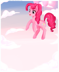 Size: 815x980 | Tagged: safe, artist:chokico, character:pinkie pie, species:pony, balloon, cloud, cute, diapinkes, female, floating, open mouth, sky, solo, then watch her balloons lift her up to the sky