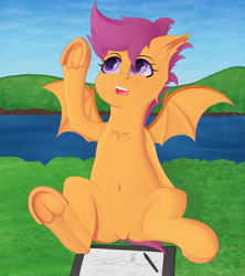 Size: 2276x2560 | Tagged: safe, artist:batsdisaster, character:scootaloo, species:bat pony, species:pegasus, species:pony, bat ponified, bat wings, belly button, chest fluff, female, frog (hoof), grass, mare, race swap, scootabat, solo, underhoof, wings