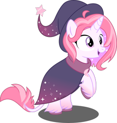 Size: 6455x6770 | Tagged: safe, artist:babyroxasman, oc, oc:stardust, species:classical unicorn, species:pony, species:unicorn, clothing, cloven hooves, cute, feathered fetlocks, female, hat, leonine tail, mare, robe, simple background, solo, transparent background, unshorn fetlocks, vector, witch hat