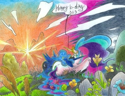 Size: 1280x983 | Tagged: safe, artist:leavingcrow, character:princess celestia, character:princess luna, species:pony, birthday, celestia day, colored pencil drawing, dawn, dialogue, ethereal mane, eyes closed, female, flower, galaxy mane, mare, royal sisters, siblings, sisters, speech bubble, sunrise, traditional art