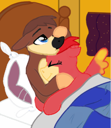 Size: 400x462 | Tagged: safe, artist:volcanicdash, base used, species:pony, banjo kazooie, banjo the bear, crossover, cuddling, duo, kazooie, ponified, video game, waking up