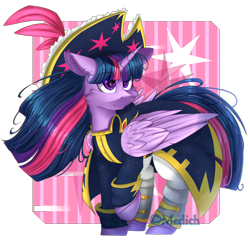 Size: 2777x2713 | Tagged: safe, artist:mediasmile666, character:twilight sparkle, character:twilight sparkle (alicorn), species:alicorn, species:pony, my little pony: the movie (2017), abstract background, cheek fluff, clothing, eye clipping through hair, female, floppy ears, hat, mare, pirate, pirate hat, pirate outfit, raised hoof, sidemouth, smiling, solo, starry eyes, windswept mane, wingding eyes