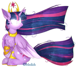 Size: 2653x2367 | Tagged: safe, artist:mediasmile666, character:twilight sparkle, character:twilight sparkle (alicorn), species:alicorn, species:pony, cheek fluff, chest fluff, choker, chromatic aberration, ear fluff, element of magic, female, frown, glowing eyes, horseshoes, jewelry, mare, raised hoof, redraw, regalia, sitting, solo, speedpaint available, stars, windswept mane