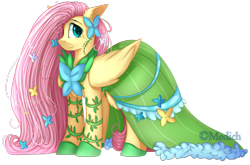 Size: 2897x1915 | Tagged: safe, artist:mediasmile666, character:fluttershy, species:pegasus, species:pony, cheek fluff, chest fluff, clothing, cute, dress, ear fluff, eye clipping through hair, female, floppy ears, flower, flower in hair, gala dress, hair over one eye, long mane, looking at you, mare, shyabetes, simple background, smiling, solo, speedpaint available, starry eyes, transparent background, wingding eyes