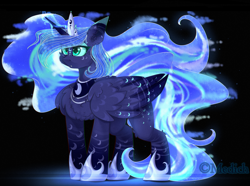 Size: 3000x2226 | Tagged: safe, artist:mediasmile666, character:princess luna, species:alicorn, species:pony, abstract background, alternative cutie mark placement, cheek fluff, chest fluff, coat markings, ear fluff, ethereal mane, female, galaxy mane, jewelry, long tail, mare, redesign, redraw, regalia, solo, speedpaint available, starry eyes, windswept mane, wing fluff, wingding eyes
