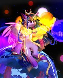 Size: 2439x3000 | Tagged: safe, artist:mediasmile666, character:twilight sparkle, character:twilight sparkle (alicorn), species:alicorn, species:pony, alternate cutie mark, beauty mark, cheek fluff, chest fluff, constellation, ear fluff, element of magic, eye clipping through hair, featureless crotch, female, floppy ears, frown, giant pony, jewelry, lidded eyes, lonely, long mane, macro, magic, mare, planet, pony bigger than a planet, rainbow power, regalia, ribbon, sitting, solo, space, speedpaint available, spread wings, stars, surreal, tree, ultimate twilight, wings
