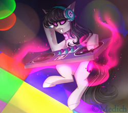 Size: 3000x2665 | Tagged: safe, artist:mediasmile666, character:octavia melody, species:earth pony, species:pony, abstract background, accessory swap, alternate cutie mark, bow tie, chest fluff, commission, dance floor, female, floating, glasses, grin, headphones, implied vinyl scratch, magic, mare, mixing console, sidemouth, smiling, solo, vinyl's glasses
