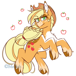 Size: 1400x1400 | Tagged: safe, artist:mediasmile666, edit, part of a set, character:applejack, species:earth pony, species:pony, apple, coat markings, cropped, cutie mark, eye clipping through hair, female, food, lidded eyes, looking at you, mare, rearing, redesign, sidemouth, simple background, solo, unshorn fetlocks, white background