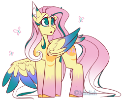 Size: 1650x1351 | Tagged: safe, artist:mediasmile666, edit, part of a set, character:fluttershy, species:pegasus, species:pony, butterfly, coat markings, cropped, cutie mark, female, mare, one wing out, open mouth, rainbow power, redesign, sidemouth, simple background, socks (coat marking), solo, white background