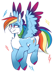 Size: 1300x1750 | Tagged: safe, artist:mediasmile666, edit, part of a set, character:rainbow dash, species:pegasus, species:pony, cheek fluff, chest fluff, coat markings, colored hooves, colored wings, colored wingtips, cropped, cutie mark, female, flying, lidded eyes, lightning, mare, redesign, sidemouth, simple background, smiling, smirk, solo, spread wings, white background, wings