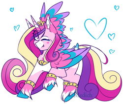 Size: 1701x1450 | Tagged: safe, artist:mediasmile666, edit, part of a set, character:princess cadance, species:alicorn, species:pony, chest fluff, coat markings, colored hooves, colored wings, cropped, cutie mark, eye clipping through hair, female, flying, heart, jewelry, looking at you, mare, one eye closed, one wing out, redesign, regalia, sidemouth, simple background, solo, tongue out, unshorn fetlocks, white background, wings, wink