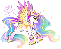 Size: 2250x1800 | Tagged: safe, artist:mediasmile666, edit, part of a set, character:princess celestia, species:alicorn, species:pony, coat markings, colored wings, cropped, ethereal mane, female, galaxy mane, greaves, jewelry, lidded eyes, looking at you, mare, rainbow power, rainbow power-ified, redesign, regalia, sidemouth, simple background, smiling, solo, spread wings, starry wings, sun, tail feathers, unshorn fetlocks, white background, wings