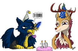 Size: 2567x1684 | Tagged: safe, artist:ghouleh, oc, oc only, oc:eid, oc:wisteria evergreen, species:deer, species:griffon, barcode, birthday, cake, clothing, dota 2, fluffy, food, hat, party hat, scepter, simple background, transparent background
