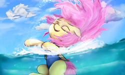 Size: 4742x2871 | Tagged: safe, artist:rainyvisualz, character:fluttershy, species:pegasus, species:pony, belly button, bubble, clothing, cloud, cloudy, eyes closed, female, happy, high res, mare, one-piece swimsuit, smiling, splash, splashing, swimming, swimsuit, water, wet mane