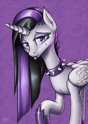 Size: 2894x4093 | Tagged: safe, artist:koshakevich, character:princess celestia, species:alicorn, species:pony, episode:between dark and dawn, g4, my little pony: friendship is magic, alternate hairstyle, choker, ear piercing, emo, eyeshadow, female, goth, makeup, mare, piercing, punklestia, solo, tongue out, tongue piercing