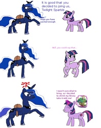 Size: 500x633 | Tagged: safe, artist:juu50x, character:princess luna, character:twilight sparkle, ship:twiluna, adventure, comic, drawing, female, humor, lesbian, packing, quest, shipping, shrinking