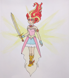 Size: 554x625 | Tagged: safe, artist:metalamethyst, character:daydream shimmer, character:sunset shimmer, my little pony:equestria girls, daydream shimmer, horn, horned humanization, simple background, sword, traditional art, weapon, white background, winged humanization, wings