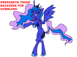 Size: 962x714 | Tagged: safe, artist:vinny van yiffy, character:princess luna, species:alicorn, species:pony, bipedal, female, lidded eyes, mare, simple background, tongue out, white background, ye olde butcherede englishe
