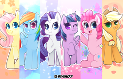 Size: 3528x2258 | Tagged: safe, artist:rivin177, character:applejack, character:fluttershy, character:pinkie pie, character:rainbow dash, character:rarity, character:twilight sparkle, character:twilight sparkle (alicorn), species:alicorn, species:earth pony, species:pegasus, species:pony, species:unicorn, clothing, cowboy hat, cute, female, folded wings, hat, hoof on chest, line-up, looking at you, mane six, mare, one eye closed, raised hoof, sitting, smiling, wings, wink