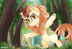 Size: 2800x1907 | Tagged: safe, artist:rivin177, character:applejack, character:autumn blaze, species:kirin, awwtumn blaze, belly button, bipedal, cloven hooves, crepuscular rays, cute, female, forest, hooves out, looking at you, mare, outdoors, smiling, solo, three quarter view