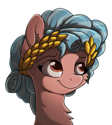 Size: 1148x1280 | Tagged: safe, artist:nighty, character:cozy glow, species:earth pony, species:pony, bust, chest fluff, colored pupils, ear fluff, female, laurel wreath, simple background, solo, transparent background