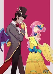 Size: 1400x1980 | Tagged: safe, artist:sadistjolt, character:fluttershy, species:human, accord, accoshy, clothing, dress, eared humanization, female, hand kiss, humanized, kiss on the hand, male, shipping, straight, winged humanization, wings