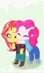 Size: 666x1097 | Tagged: safe, artist:samyvillaly, character:pinkie pie, character:sunset shimmer, my little pony:equestria girls, chibi, cute, diapinkes, eyes closed, female, hug, no pupils, one eye closed, shimmerbetes