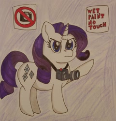 Size: 2190x2283 | Tagged: safe, artist:iffoundreturntorarity, character:rarity, species:pony, species:unicorn, newbie artist training grounds, angry, atg 2019, camera, female, first world anarchist, frown, fuck the police, glare, looking at you, mare, pure unfiltered evil, raised hoof, sign, solo, text, touch, touching, traditional art, watch out we have a badass over here