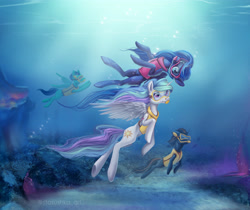 Size: 4050x3398 | Tagged: safe, artist:stasushka, character:princess celestia, character:princess luna, oc, species:alicorn, species:pegasus, species:pony, species:unicorn, bubble, diving, female, high res, mare, royal sisters, siblings, sisters, snorkel, swimming, underwater, water
