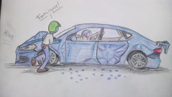 Size: 1191x670 | Tagged: safe, artist:pabrony83, character:twilight sparkle, character:twilight sparkle (scitwi), oc, oc:azure glide, species:eqg human, my little pony:equestria girls, broken glass, car, car accident, ford, ford fusion, implied lesbian, implied scitwishimmer, implied shipping, implied sunsetsparkle, police officer, running, traditional art, unconscious