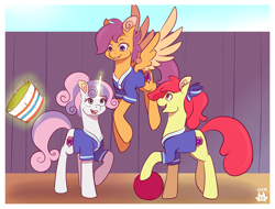 Size: 3150x2400 | Tagged: safe, artist:cckittycreative, character:apple bloom, character:scootaloo, character:sweetie belle, species:earth pony, species:pegasus, species:pony, species:unicorn, g4, adorabloom, ball, basket, buckball, buckball uniform, buckbasket, bushel basket, colored wings, cute, cutealoo, cutie mark crusaders, diasweetes, female, flying, glowing horn, horn, magic, magic aura, mare, multicolored wings, older, older apple bloom, older scootaloo, older sweetie belle, profile, raised hoof, scootaloo can fly, smiling, spread wings, telekinesis, three quarter view, two toned wings, wings