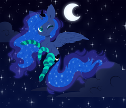 Size: 5250x4500 | Tagged: safe, artist:belka-sempai, character:princess luna, species:alicorn, species:pony, chest fluff, clothing, crescent moon, cute, ethereal mane, female, flying, galaxy mane, kneesocks, leg fluff, lunabetes, mare, moon, night, one eye closed, sky, socks, solo, starry night, stars, striped socks, thigh highs, transparent moon, wink