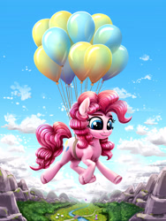 Size: 2970x3960 | Tagged: safe, artist:rysunkowasucharia, character:pinkie pie, character:starlight glimmer, species:earth pony, species:pony, species:sheep, species:unicorn, balloon, bridge, cute, diapinkes, female, floating, high res, kite, kite flying, mare, outdoors, river, sitting, sky, smiling, solo focus, stream, summer, then watch her balloons lift her up to the sky