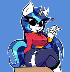 Size: 2990x3090 | Tagged: safe, artist:nelljoestar, character:shining armor, species:anthro, species:pony, species:unicorn, blue background, breasts, busty gleaming shield, clothing, cute, female, floating heart, gleamibetes, gleaming shield, heart, mare, ring, rule 63, rule63betes, shining adorable, simple background, smiling, solo