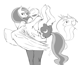 Size: 1000x832 | Tagged: safe, artist:redruin01, character:princess celestia, character:princess luna, oc, oc:anon, species:alicorn, species:human, species:pony, holding a pony, sketch