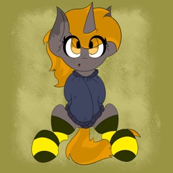 Size: 1000x1000 | Tagged: safe, artist:mrneo, oc, oc only, oc:nuclear fusion, species:pony, species:unicorn, abstract background, clothing, cute, eye clipping through hair, hoodie, ocbetes, socks, solo, striped socks