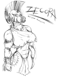 Size: 1099x1405 | Tagged: safe, artist:konnykon, character:zecora, species:anthro, species:zebra, breasts, busty zecora, female, grayscale, monochrome, muscles, simple background, solo, white background