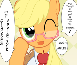 Size: 900x765 | Tagged: safe, artist:yuki endo, character:applejack, species:earth pony, species:pony, clothing, cute, female, glasses, hatless, it was me, jackabetes, looking at you, mare, missing accessory, schoolgirl, solo, translation, wink