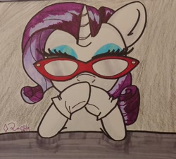 Size: 2340x2105 | Tagged: safe, artist:iffoundreturntorarity, character:rarity, species:pony, newbie artist training grounds, atg 2019, gendo ikari, gendo pose, glasses, looking at you, neon genesis evangelion, traditional art